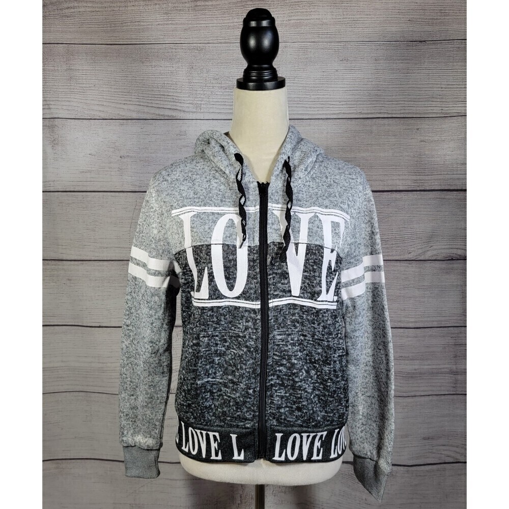 NEW Look Love Print Fleece Lined Zip Up Hoodie Black and Grey Size Large